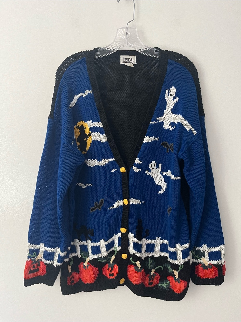 Vintage Halloween Knit Chunky Cardigan Sweater Cat Ghost Pumpkin Bat Cottage L
